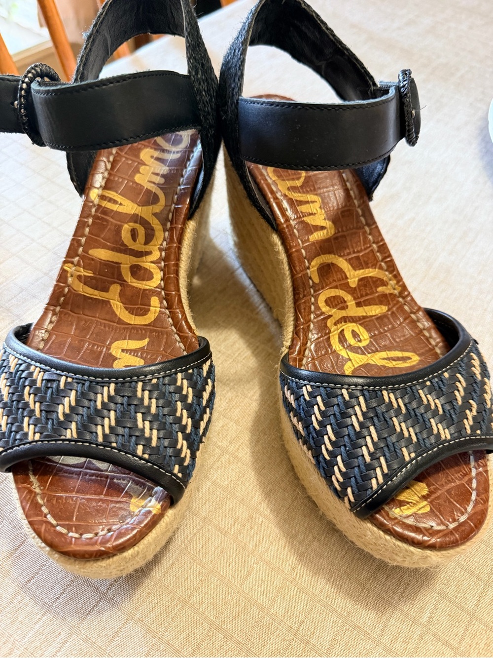 Sam Edelman Black and Natural Woven Espadrille Wedge Sandals